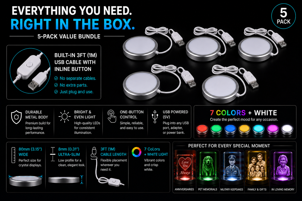 5-Pack USB LED Puck Lights, 7 Color RGB + White for 3D Crystal Displays