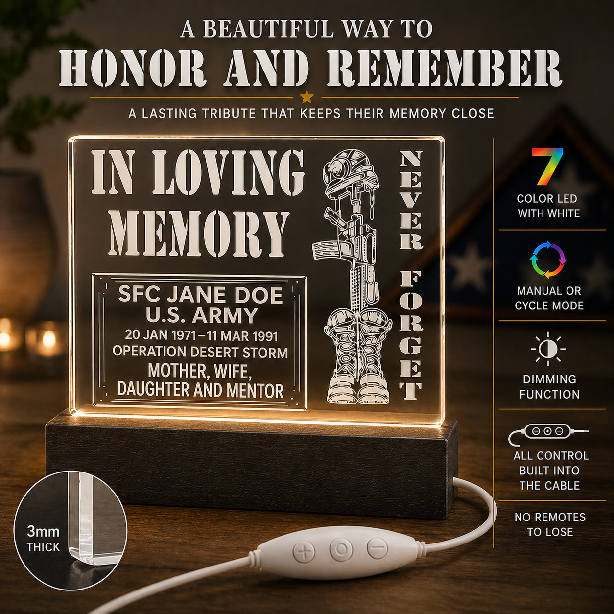 Soldier’s Cross, Custom Memorial LED Plaque, Military Tribute