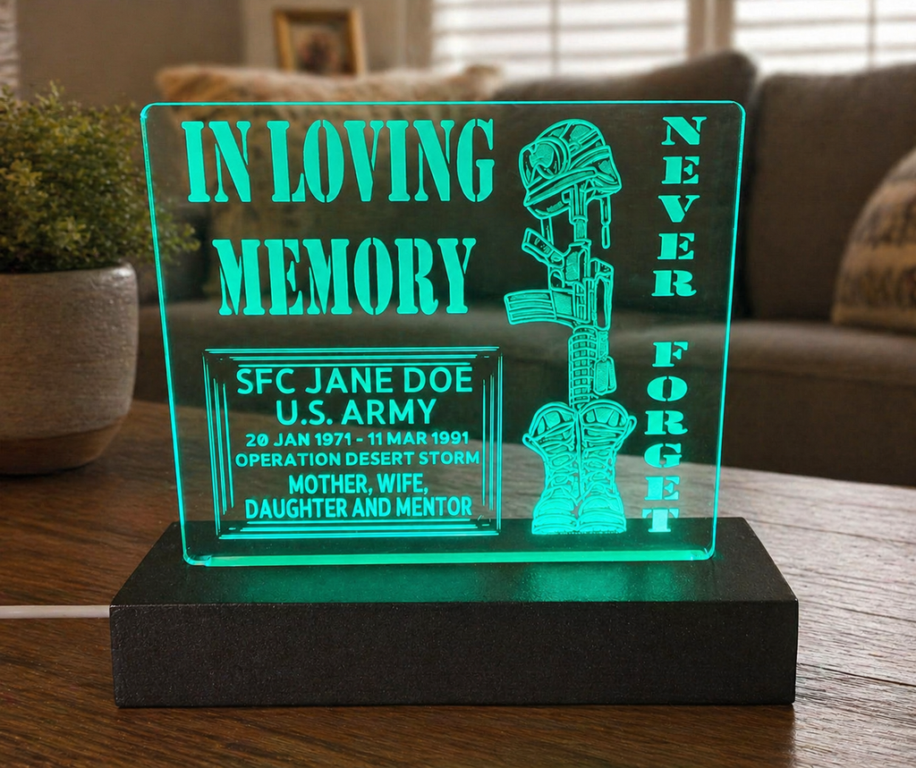 Soldier’s Cross, Custom Memorial LED Plaque, Military Tribute