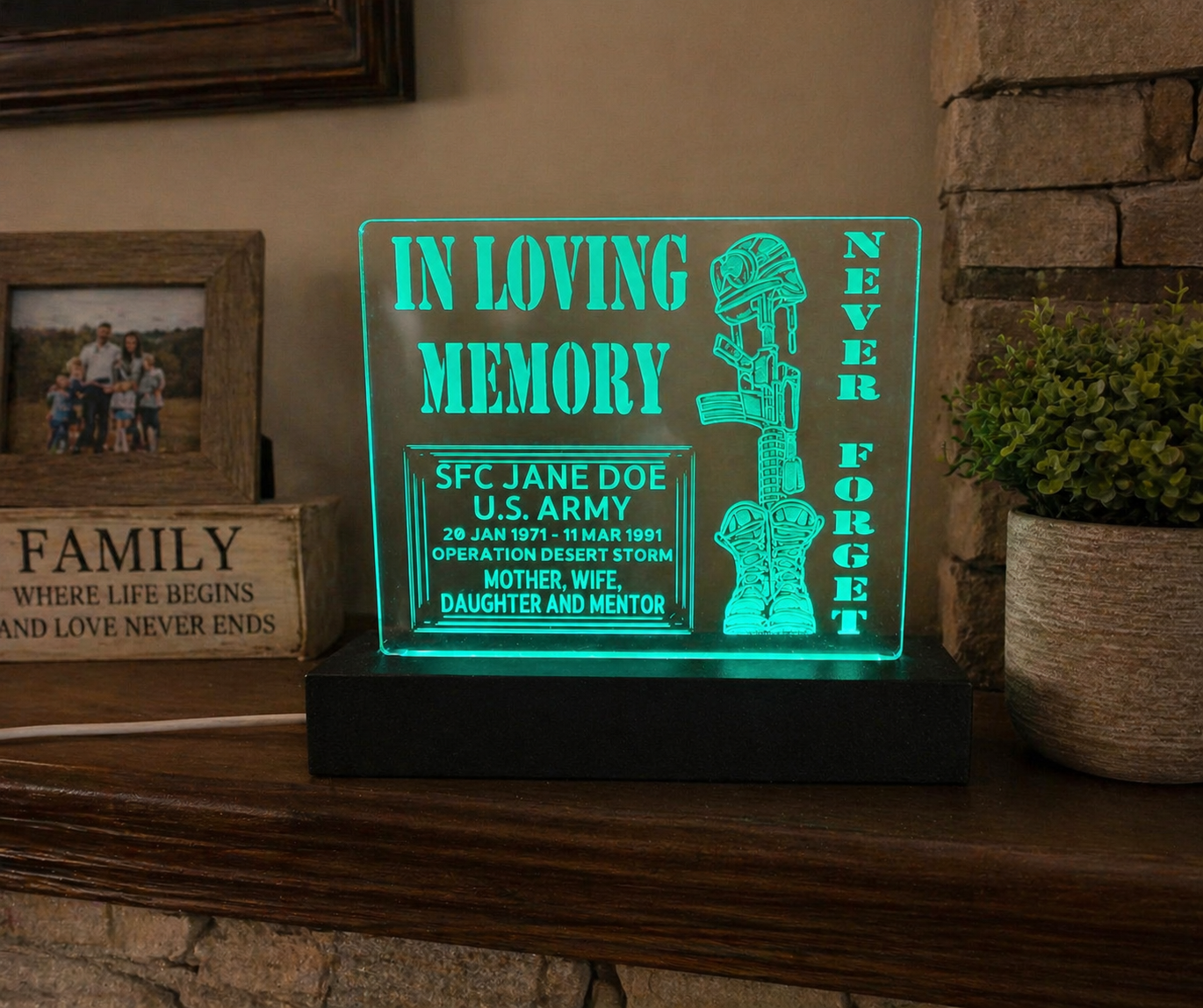 Soldier’s Cross, Custom Memorial LED Plaque, Military Tribute