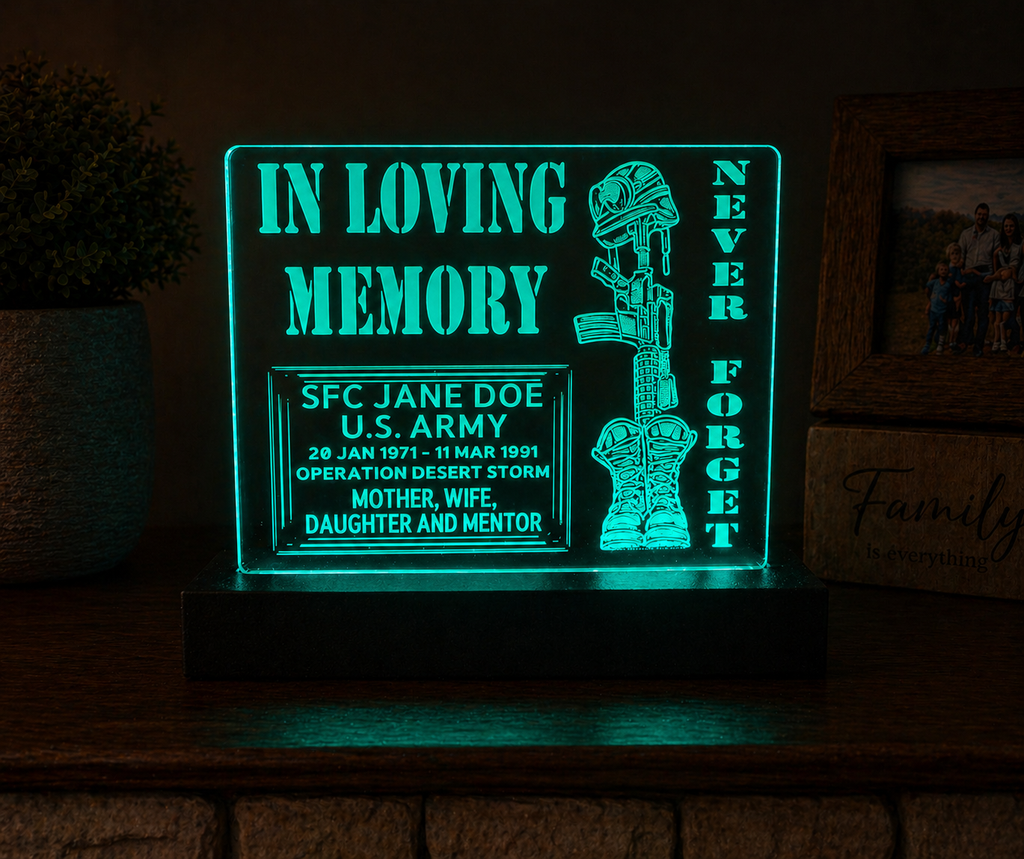 Soldier’s Cross, Custom Memorial LED Plaque, Military Tribute