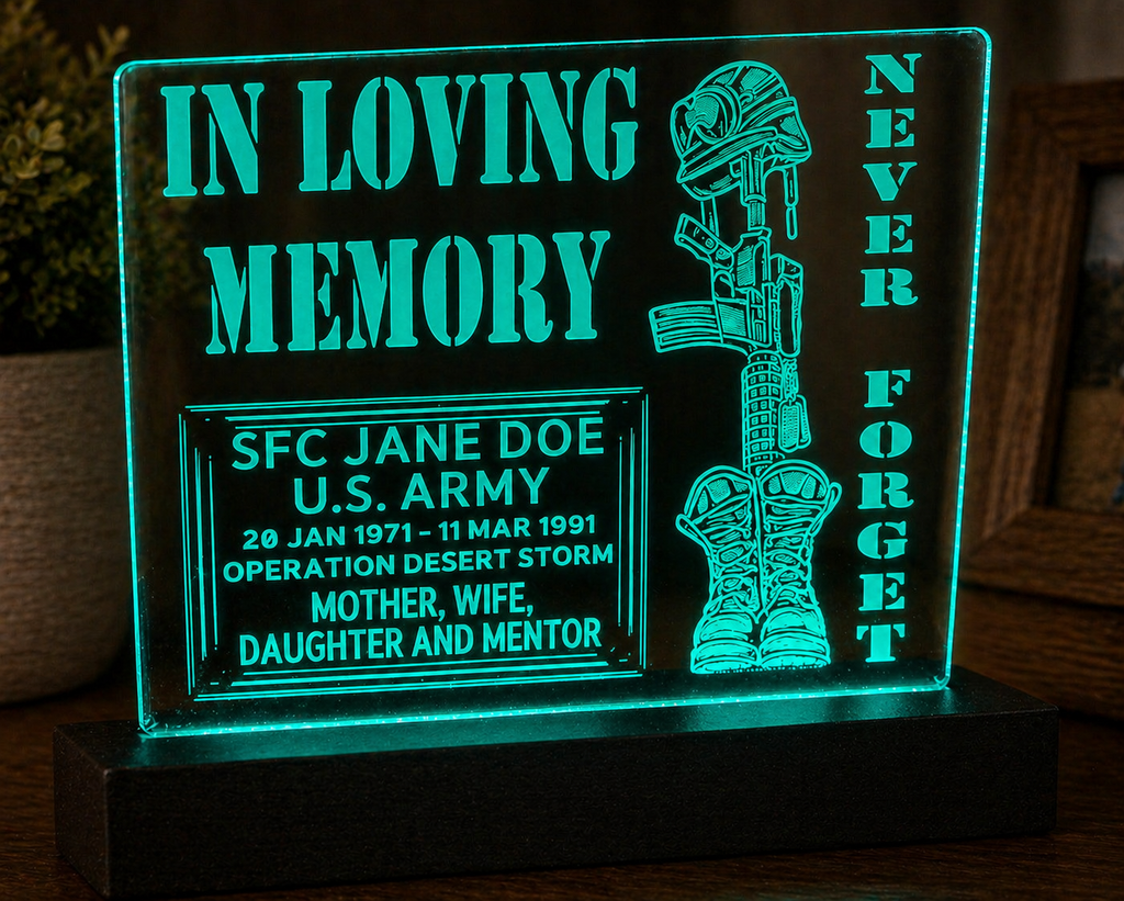 Soldier’s Cross, Custom Memorial LED Plaque, Military Tribute