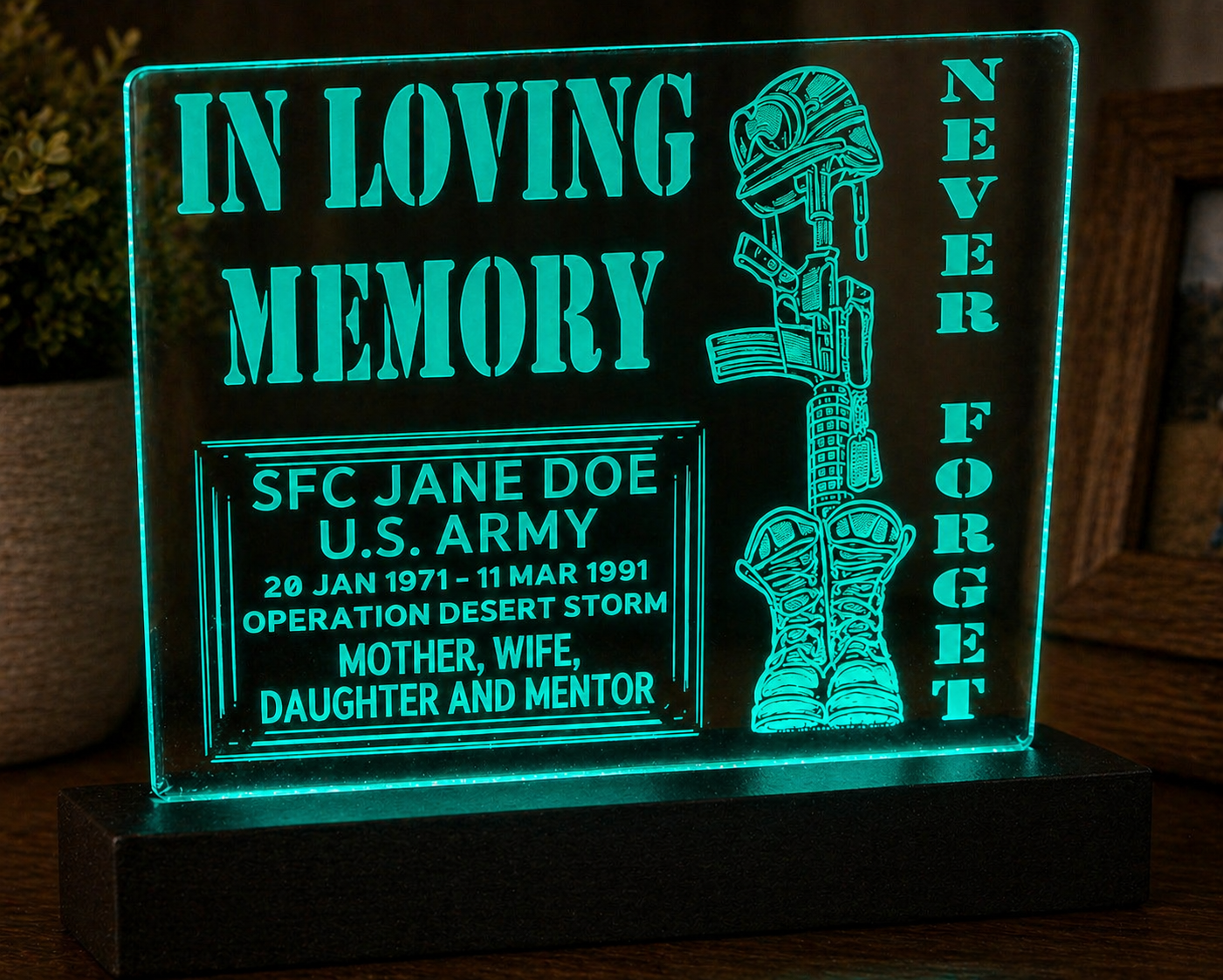 Soldier’s Cross, Custom Memorial LED Plaque, Military Tribute
