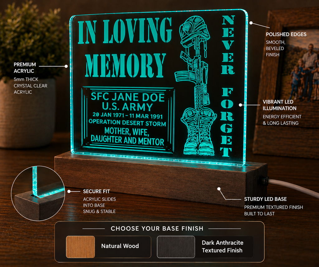 Soldier’s Cross, Custom Memorial LED Plaque, Military Tribute