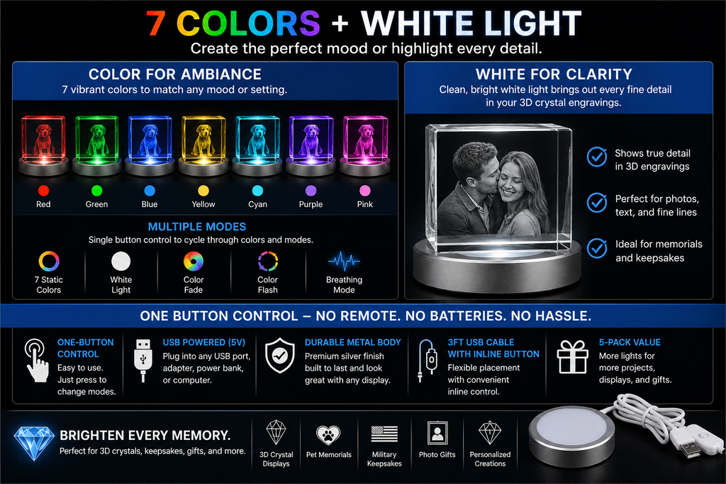 5-Pack USB LED Puck Lights, 7 Color RGB + White for 3D Crystal Displays